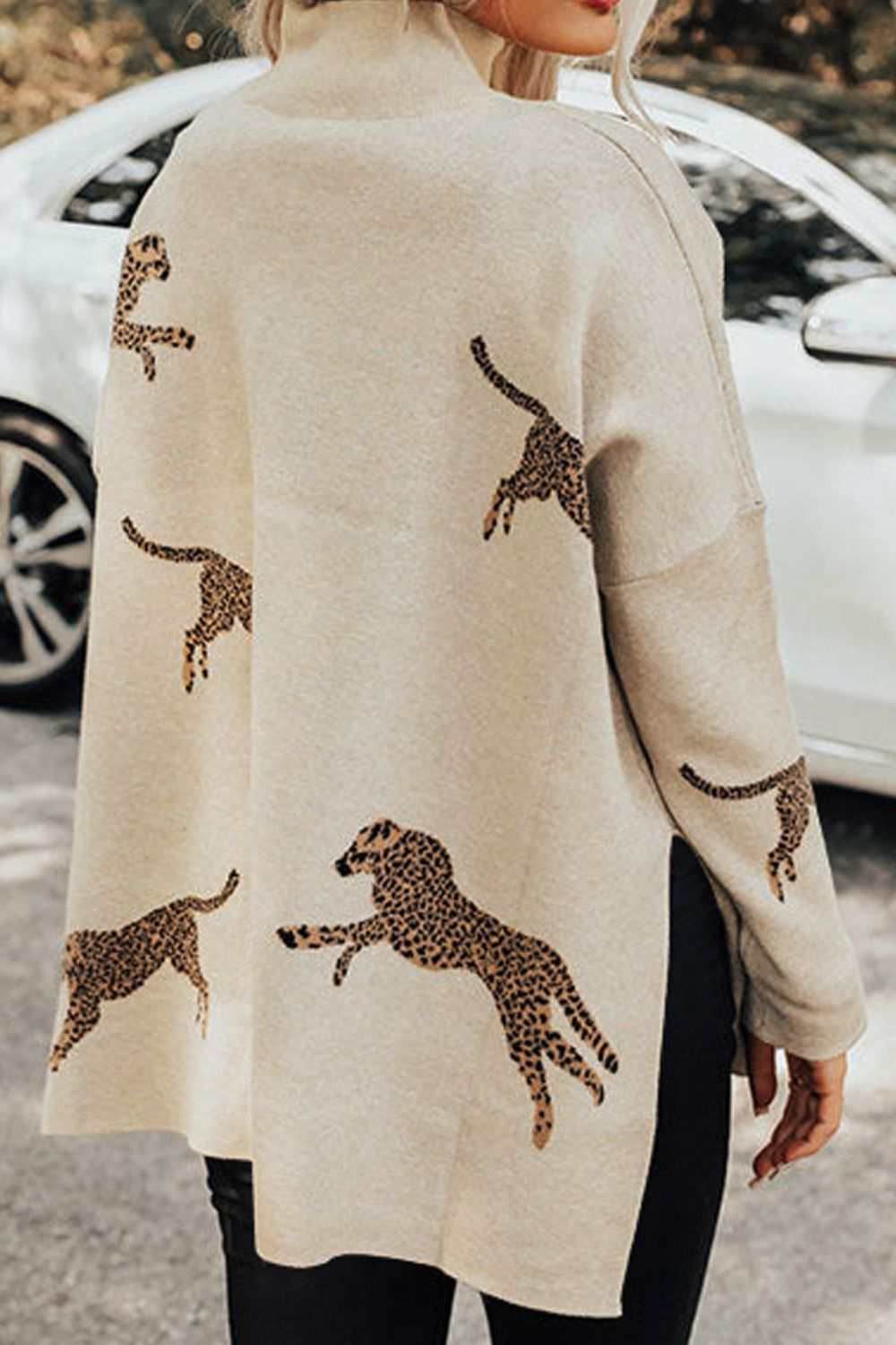 Animal Pattern Mock Neck Long Sleeve Slit Sweater - Purcell's Clothing Company