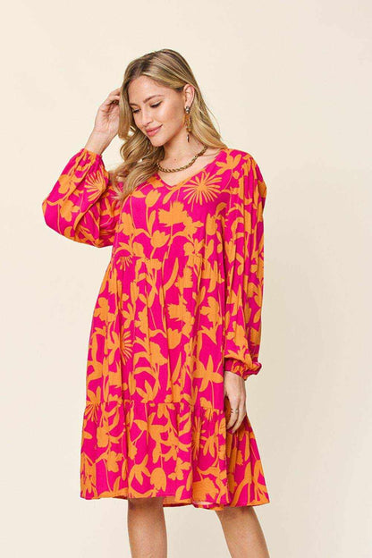 Double Take Full Size Printed Ruffle Hem Dress with Pocket - Purcell's Clothing Company