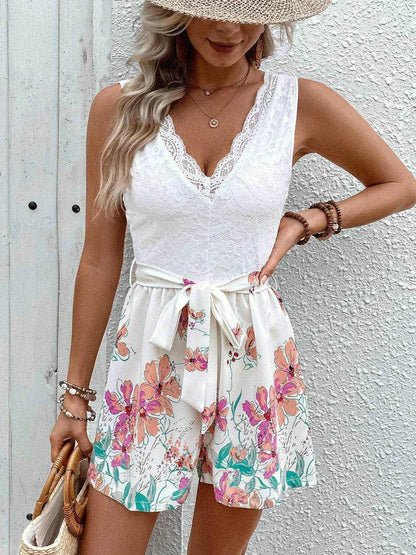 Perfee Lace Printed V-Neck Sleeveless Romper - Purcell's Clothing Company