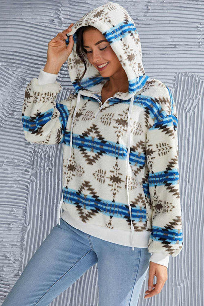 Shiny Geometric Half Zip Drawstring Long Sleeve Hoodie - Purcell's Clothing Company