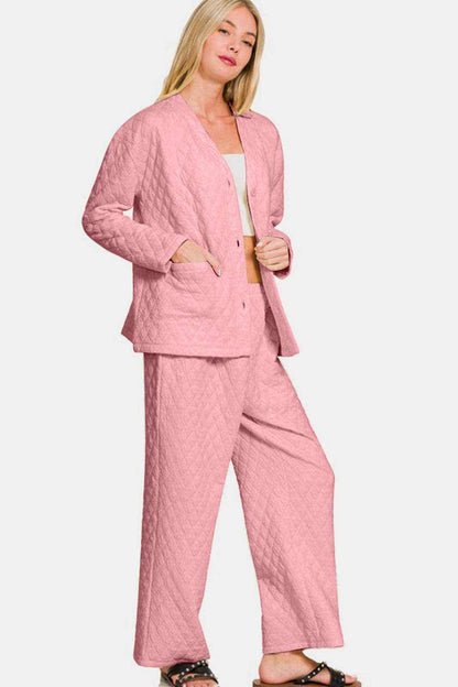 Zenana Quilted Button Up Long Sleeve Top and Pants Lounge Set - Purcell's Clothing Company