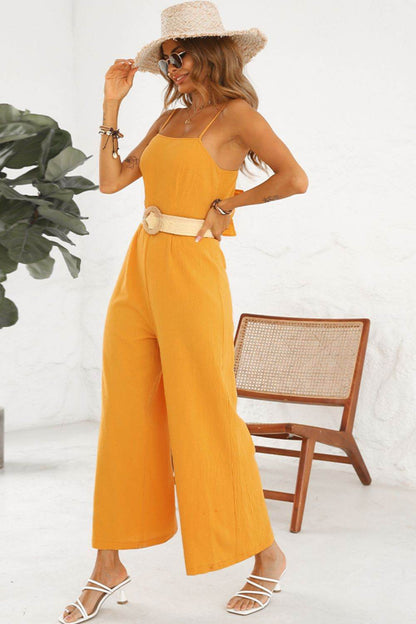 Shiny Cutout Spaghetti Strap Tie Back Wide Leg Jumpsuit - Purcell's Clothing Company