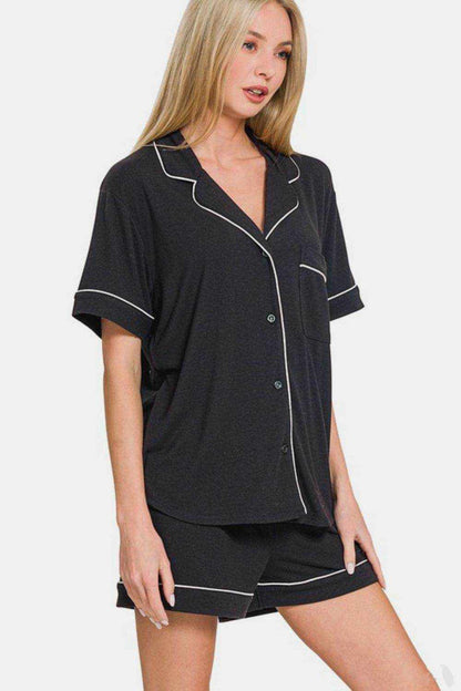 Zenana Button Down Short Sleeve Top and Shorts Lounge Set - Purcell's Clothing Company