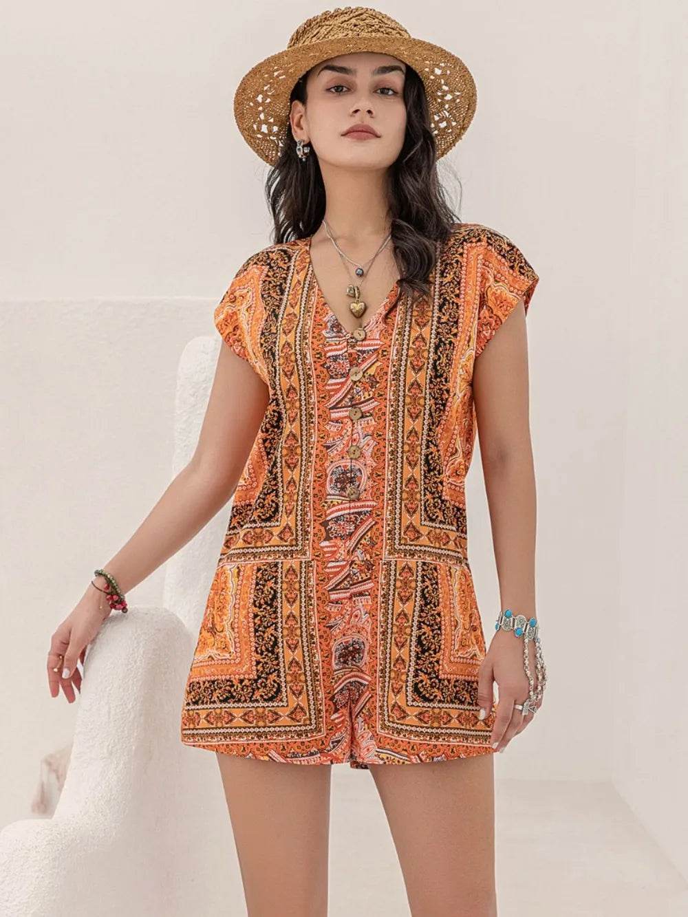 Printed V-Neck Cap Sleeve Romper - Purcell's Clothing Company