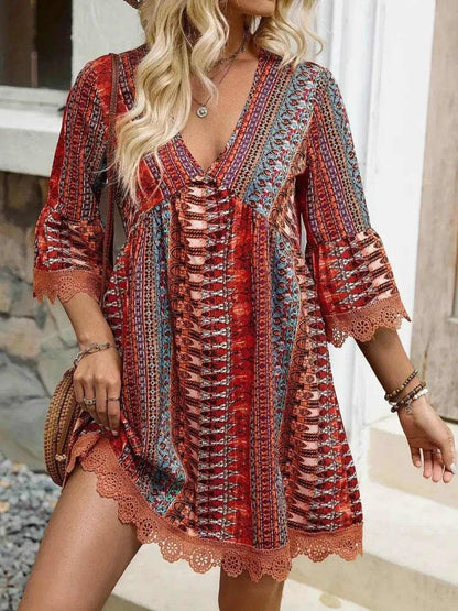Lace Trim Printed V-Neck 3/4 Sleeve Dress - Purcell's Clothing Company