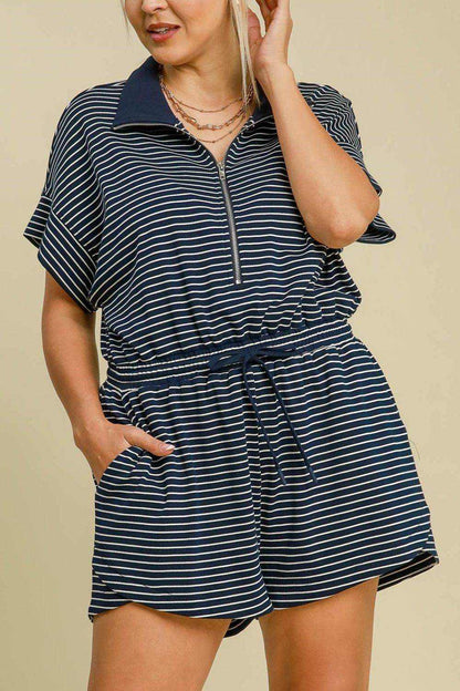 Umgee Full Size Half Zip Striped Romper Plus Size - Purcell's Clothing Company