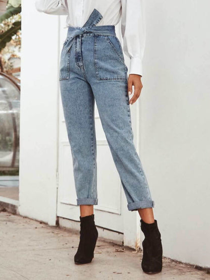 Tied Straight Leg Jeans with Pockets - Purcell's Clothing Company
