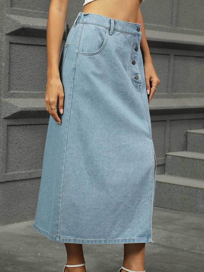 Slit Button Detail Denim Midi Skirt - Purcell's Clothing Company