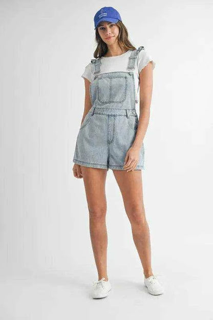 MABLE Square Neck Ruffle Shoulder Denim Overall Romper - Purcell's Clothing Company