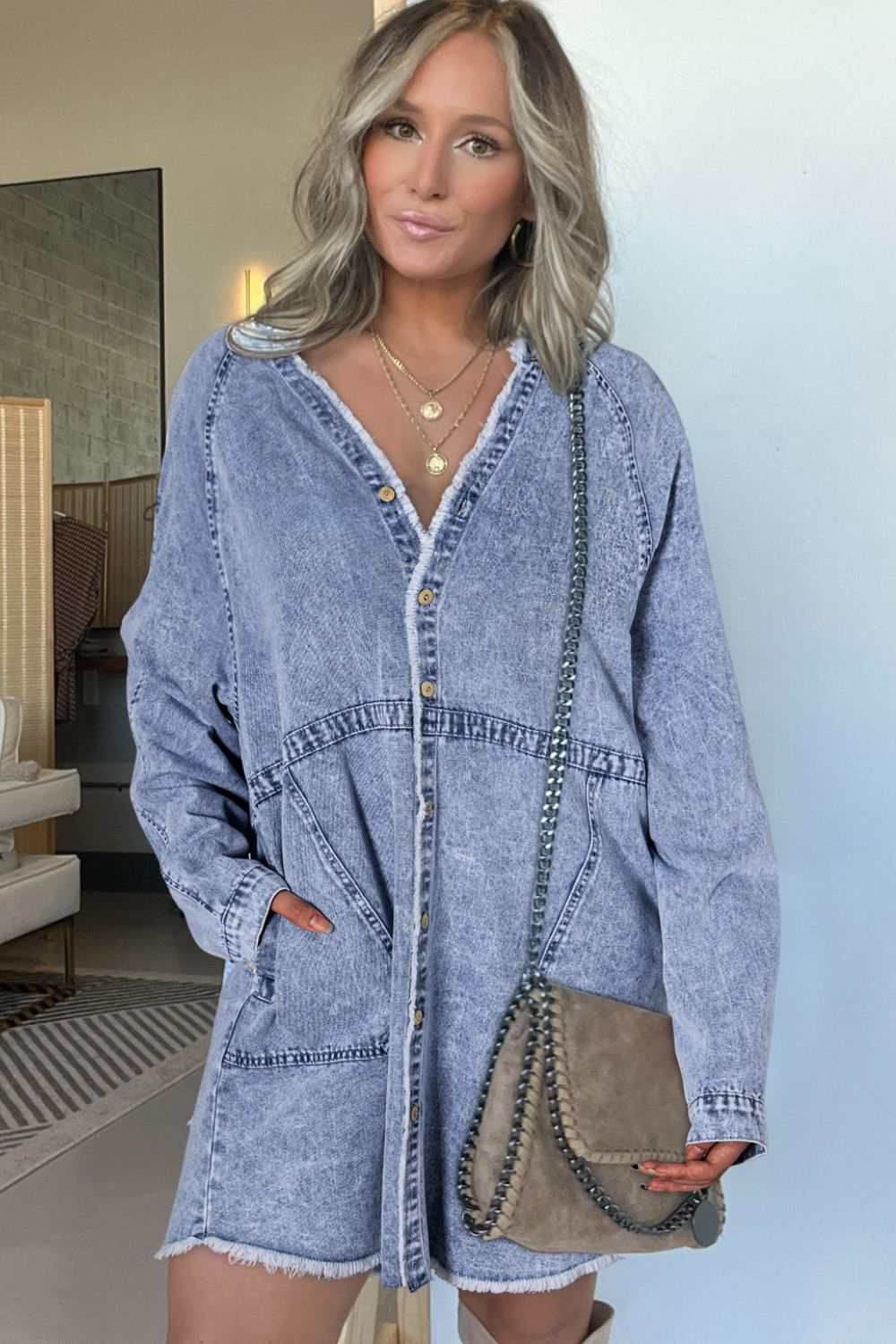 Raw Hem Button Down Long Sleeve Denim Dress - Purcell's Clothing Company
