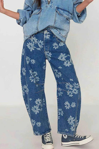 Flower Print Wide Leg Jeans - Purcell's Clothing Company