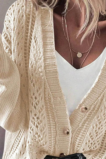 Openwork Button Up Long Sleeve Cardigan - Purcell's Clothing Company
