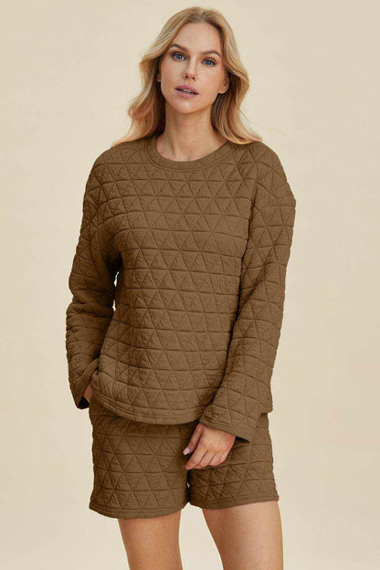 Double Take Full Size Texture Round Neck Long Sleeve Top and Shorts Set - Purcell's Clothing Company