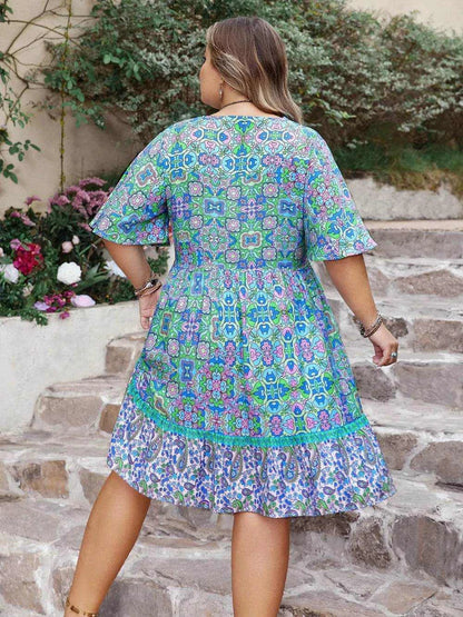 Plus Size Ruffled Hem Lace Detail Printed Half Sleeve Dress - Purcell's Clothing Company