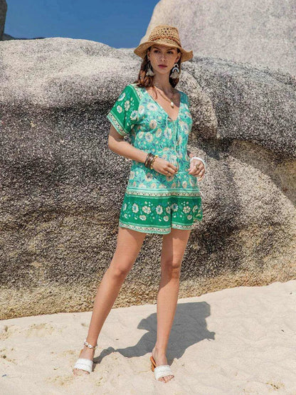 Tied Printed Short Sleeve Romper - Purcell's Clothing Company