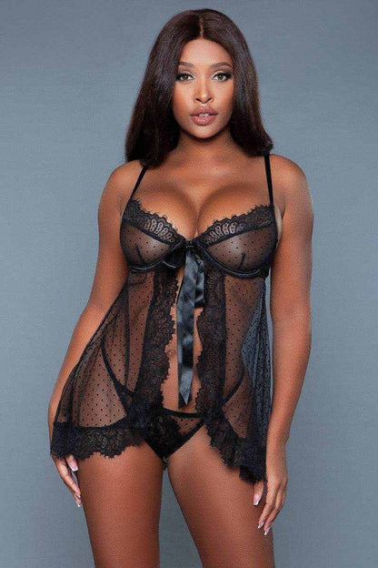 2 Pc Satin Underwiring And Front Ribbon Design Babydoll - Purcell's Clothing Company