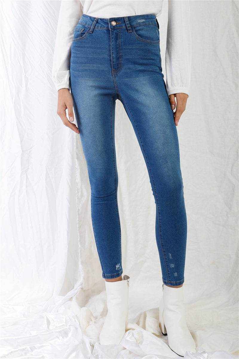 Mid Blue High-waisted With Rips Skinny Denim Jeans - Purcell's Clothing Company