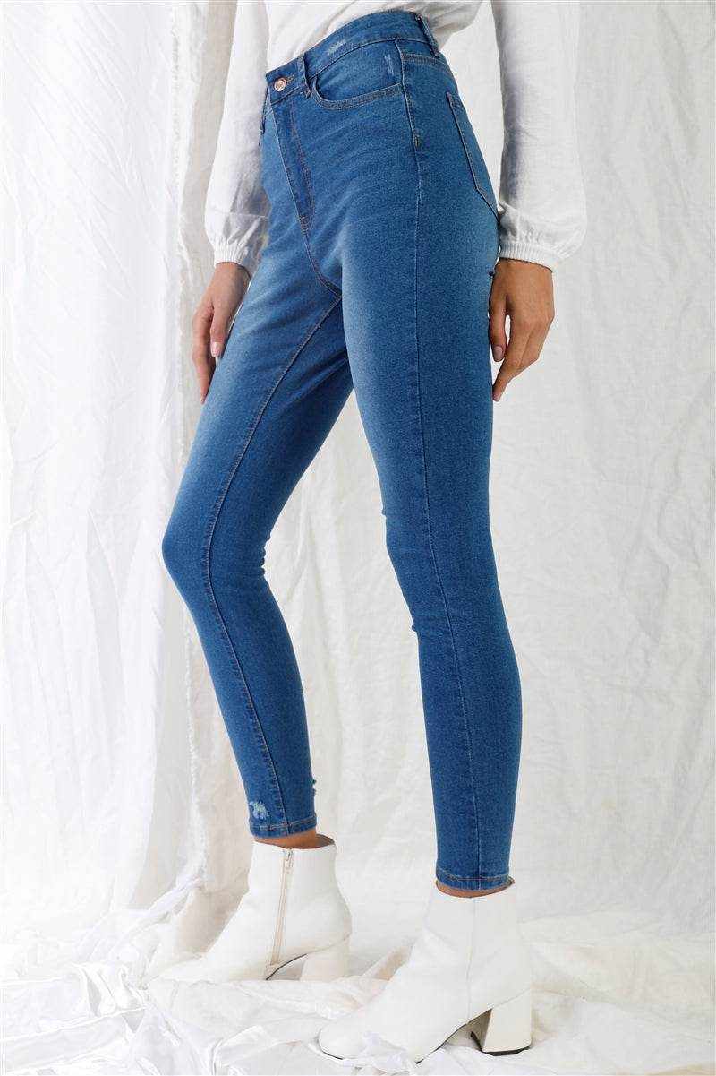 Mid Blue High-waisted With Rips Skinny Denim Jeans - Purcell's Clothing Company