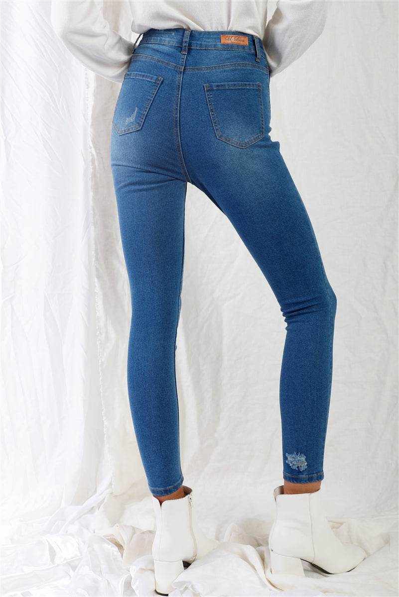 Mid Blue High-waisted With Rips Skinny Denim Jeans - Purcell's Clothing Company
