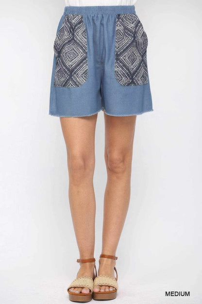 Denim And Print Pockets Elastic Waist Shorts With Raw Hem - Purcell's Clothing Company