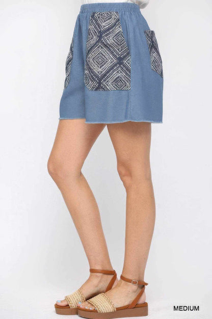 Denim And Print Pockets Elastic Waist Shorts With Raw Hem - Purcell's Clothing Company