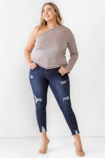 Plus Mocha Textured One Shoulder Top - Purcell's Clothing Company