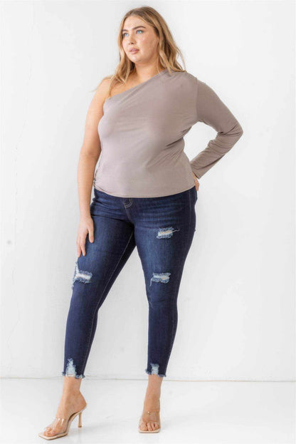 Plus Mocha Textured One Shoulder Top - Purcell's Clothing Company