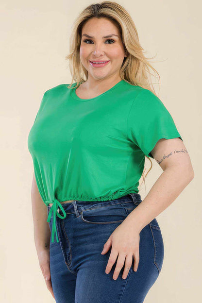 Plus Size Tie Front Drawstring Short Sleeve Crop Top - Purcell's Clothing Company