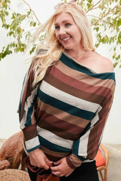 Boat Neck Long Bubble Sleeve Multi Stripe Print Knit Top - Purcell's Clothing Company