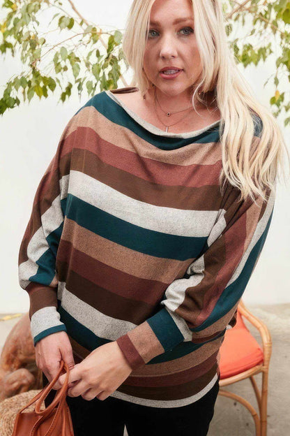 Boat Neck Long Bubble Sleeve Multi Stripe Print Knit Top - Purcell's Clothing Company