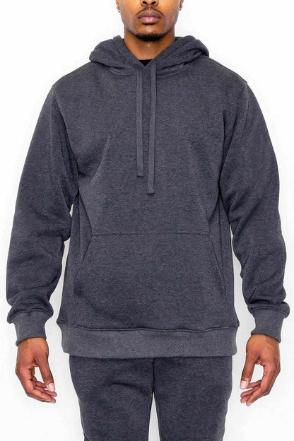Charcoal pullover hoodie with kangaroo pocket, ribbed cuffs, and drawstring hood for casual comfort