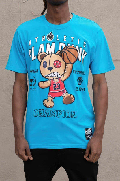 blue Slam Dunk T-shirt with bear embroidery print patch playing basketball