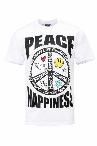 White cotton Peace Happiness T-Shirts-ID with black peace sign and positive symbols puff print design