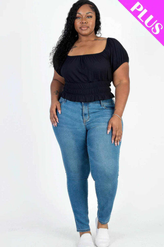 Plus size casual ruched puff sleeve ribbed knit solid top - Purcell's Clothing Company