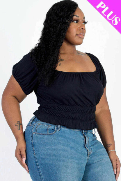 Plus size casual ruched puff sleeve ribbed knit solid top - Purcell's Clothing Company