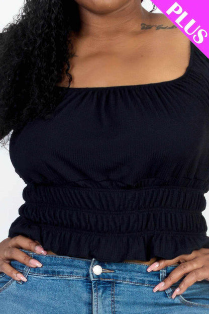 Plus size casual ruched puff sleeve ribbed knit solid top - Purcell's Clothing Company