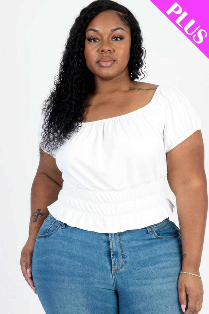 Plus size casual white ruched puff sleeve ribbed knit top worn by model
