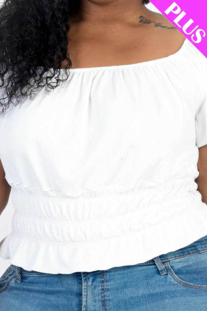 Plus size casual ruched puff sleeve ribbed knit solid top - Purcell's Clothing Company
