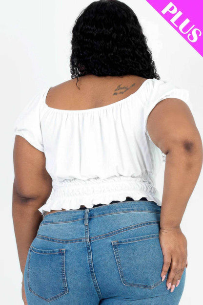 Plus size casual ruched puff sleeve ribbed knit solid top - Purcell's Clothing Company