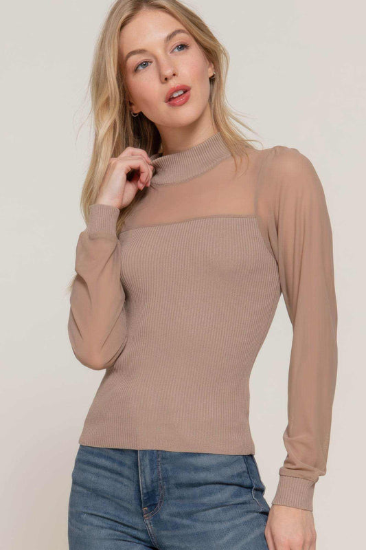 Long Slv Mesh Panel Detail Sweater Top - Purcell's Clothing Company