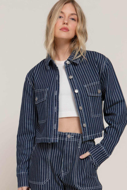 Button Down Stripe Denim Short Jacket - Purcell's Clothing Company