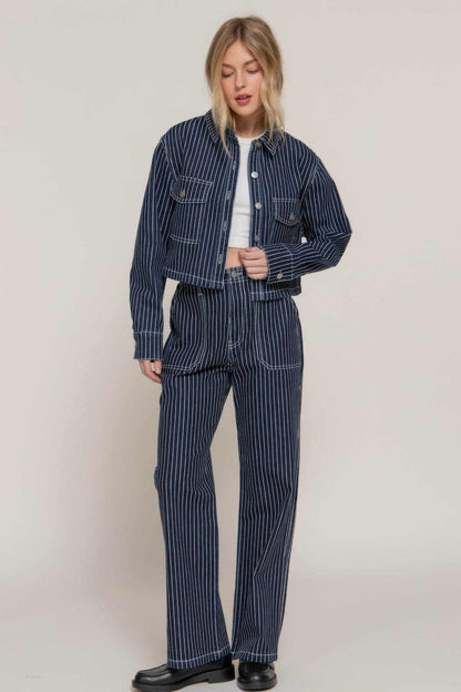 Button Down Stripe Denim Short Jacket - Purcell's Clothing Company