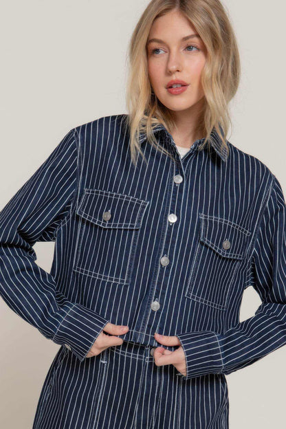 Button Down Stripe Denim Short Jacket - Purcell's Clothing Company
