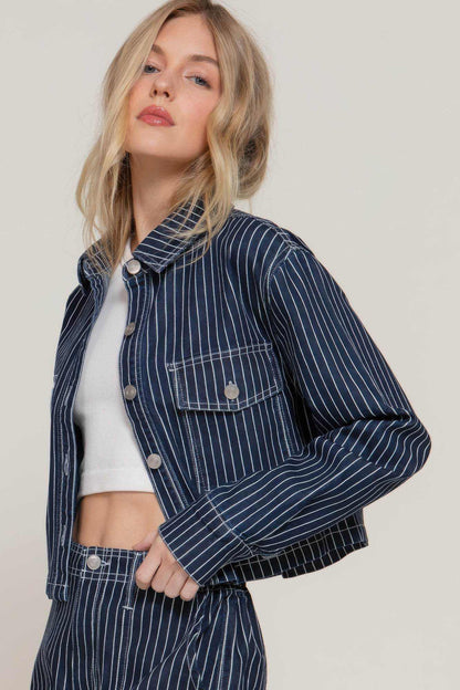 Button Down Stripe Denim Short Jacket - Purcell's Clothing Company