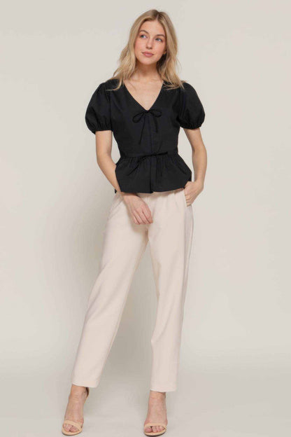 Short Puff Slv Tied Popline Top - Purcell's Clothing Company