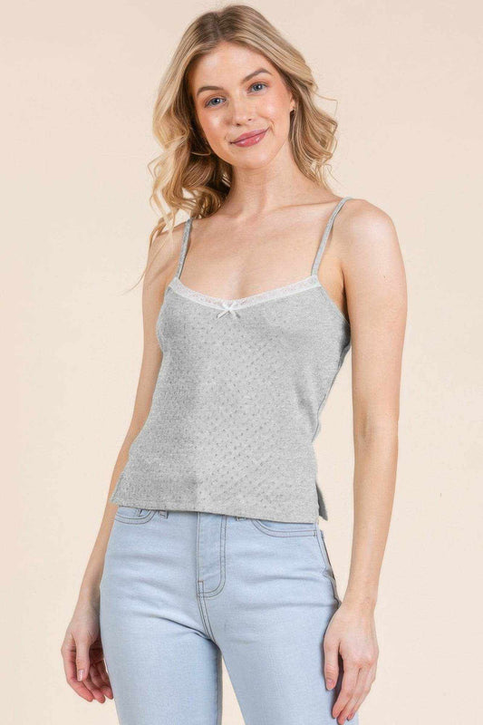 Heather grey Pointelle Wlace Detail cami top with lace trim worn with light wash jeans by model