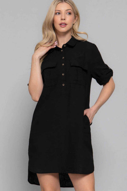 Roll Up Short Slv Straight Linen Effect Mini Dress - Purcell's Clothing Company