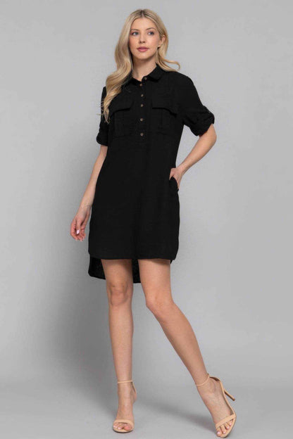 Roll Up Short Slv Straight Linen Effect Mini Dress - Purcell's Clothing Company
