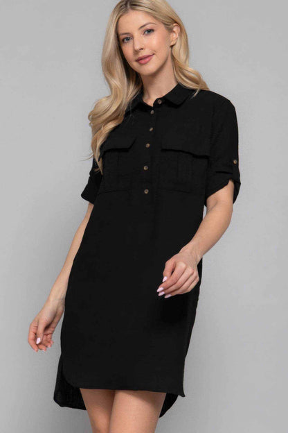 Roll Up Short Slv Straight Linen Effect Mini Dress - Purcell's Clothing Company