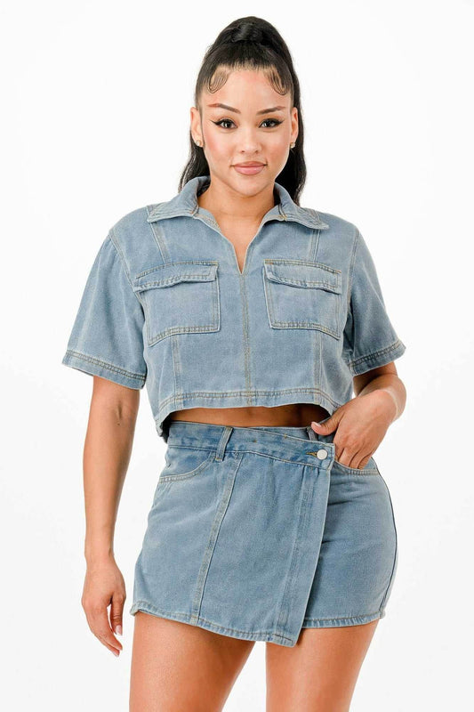 Cropped Denim Shirt And Skort Set - Purcell's Clothing Company